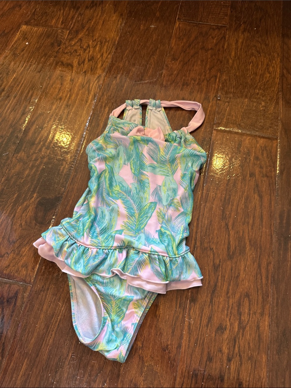 Floatimini Pink One-Piece Swimsuit with Green Palm Print and Ruffle